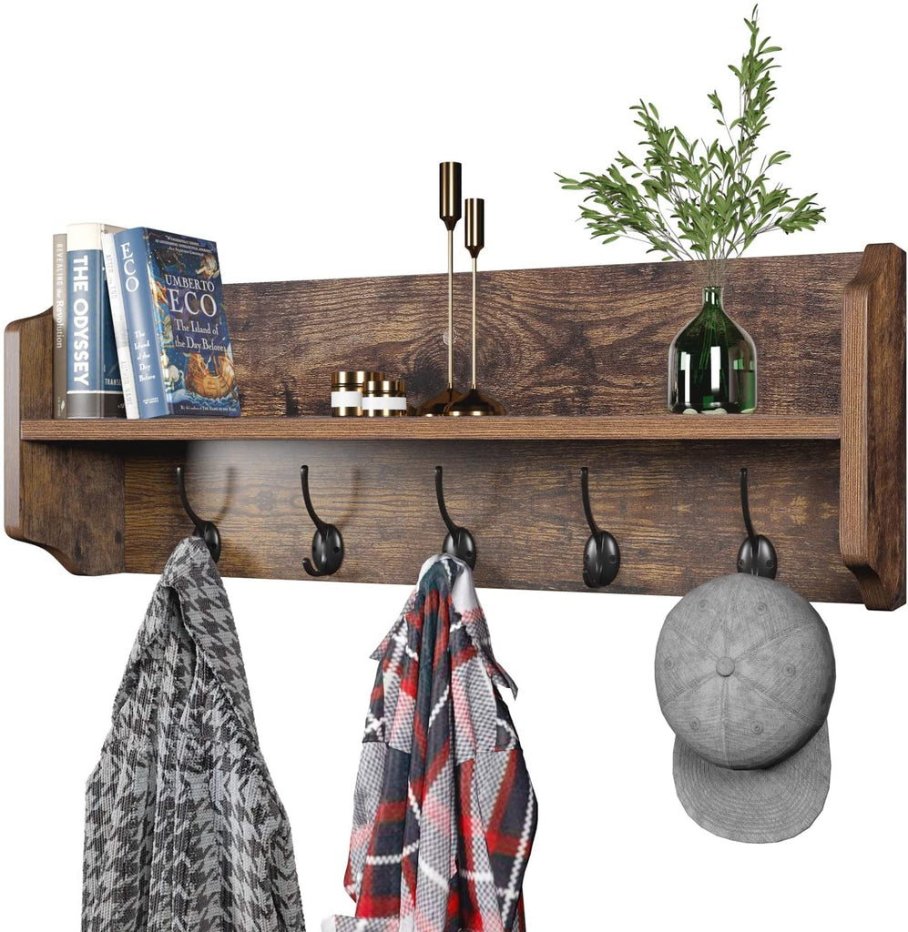 Coat Hooks with Shelf Wall-Mounted, Rustic Wood Entryway Shelf with 5  Vintage Metal Hooks, Farmhouse Mounted Coat Rack and Upper Shelf for  Storage