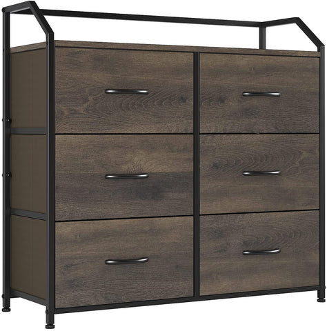 Homfa Fabric Dresser with 6 Drawers, Wide Chest of Drawers with Wood Top, Sturdy Metal Frame, Furniture Storage Tower for Bedroom, Closets, Hallway, Entryway, Dark Brown