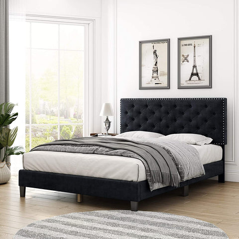 Homfa Queen Bed Frame, Modern Upholstered Platform Bed with Headboard, Heavy Duty Bed Frame with Wood Slat Support, No Box Spring Required, Easy Assembly (Queen, Black)