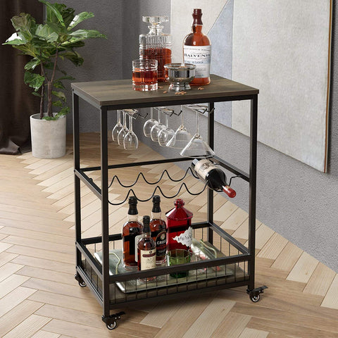 Homfa Bar Carts for Home, Mobile Wine Cart on Wheels, Wine Rack Table with Glass Holder, Utility Kitchen Serving Cart with Storage, Wood and Metal Frame,Dark Brown