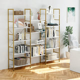 5-Tier Large Bookshelf, Industrial Open Storage Display Organizer, Triple Wide Home Office Furniture, White and Gold Finish