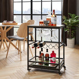 Homfa Bar Carts for Home, Mobile Wine Cart on Wheels, Wine Rack Table with Glass Holder, Utility Kitchen Serving Cart with Storage, Wood and Metal Frame,Dark Brown