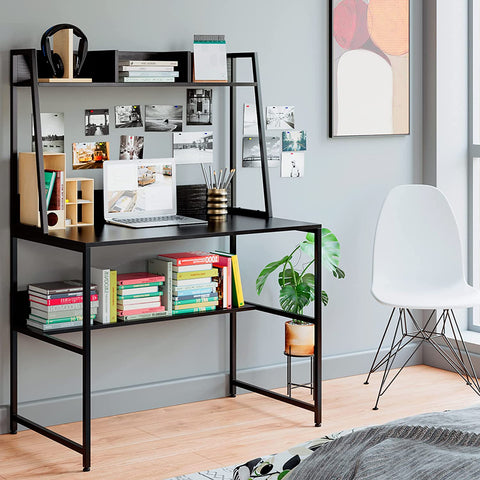 Homfa Computer Desk with Hutch and Bookshelf 47 inches Writing Study Desk with Shelves Small Spaces Desk with Compact Design Home Office Desk with Stable Metal Frame, Black