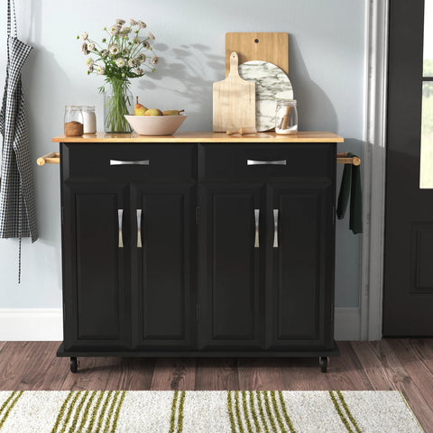 Homfa Kitchen Island on Wheels, Rolling Island Cart with Lockable Casters, Handle Towel Rack and 2 Large Drawers, Black Finish