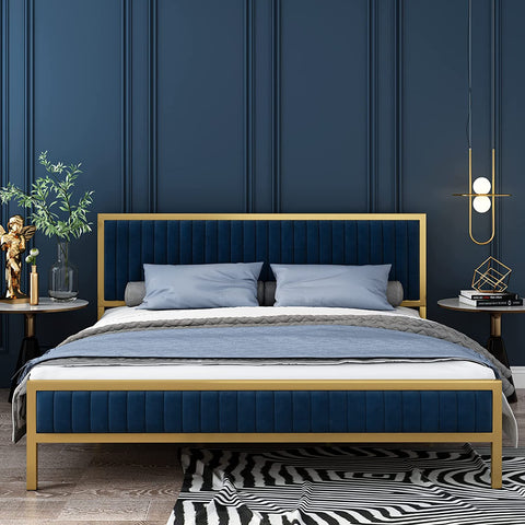 Homfa King Bed Frame with Headboard and Footboard, Gold Metal Platform with Sturdy Frame, Mattress Foundation, No Box Spring Needed, Easy Assembly, Gold and Navy Blue