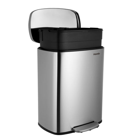 Homfa Kitchen Trash Can, 50L Garbage Can Fingerprint Proof with Removable Inner Bucket And Hinged Lids, Pedal Stainless Steel Rubbish Bin, Sliver Finish