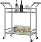 Homfa Bar Cart for Home with 2 Tier Tempered Glass Shelves, Metal Frame Bar Serving Cart with Lockable Casters, Sturdy and Durable Kitchen Cart, Silver&Glass