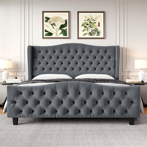 Homfa King Size Bed, 54.3¡± Tall Modern Velvet Tufted Upholstered Platform Bed Frame with Deep Button Wingback Headboard, Dark Gray