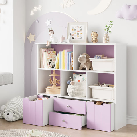 Homfa Kids Toy Storage Organizer, 5 Cubby Children Bookcase and Bookshelf with 4 Drawer on Wheels for Playroom Nursery School, Pinkish White