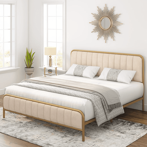 Homfa King Size Bed Frame, Round Metal Tube Heavy Duty Bed Frame with Tufted Upholstered Headboard, Gold and Beige