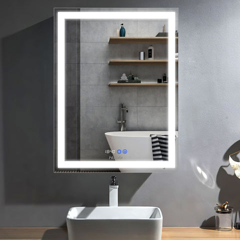 LED Wall Mount Bathroom Vanity Make Up Mirror with Dimmer Touch Anti-Fog Time Displaying, 23.6"L x 31.5"H