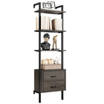 Homfa Industrial Bookshelf with Drawers, 4-shelf Tall Shelf Wall Mount Ladder Bookcase Cabinet with Storage, Dark Brown Finish