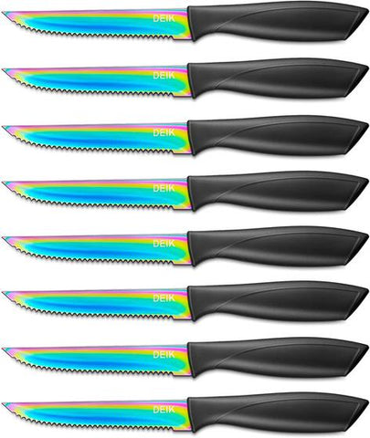 Knives, Steak Knives Set of 8, Rainbow Titanium Coated Stainless Steel Steak Knives, Super Sharp Serrated Steak Knife with Gift Box,Multi-Color