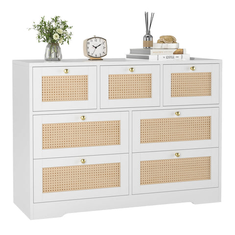 Homfa Dresser with Rattan, White 7 Drawer Dresser, Modern Wicker Chest for Bedroom