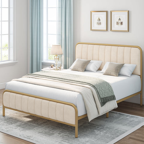 Homfa Queen Size Bed Frame, Round Metal Tube Heavy Duty Bed Frame with Tufted Upholstered Headboard, Gold and Beige
