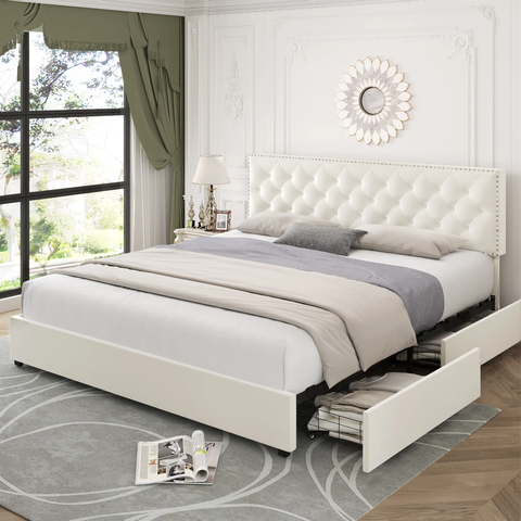 Homfa King Size Bed with 4 Storage Drawers, Modern Platform Bed Frame, Velvet Adjustable Upholstered Headboard with Button Tufted, Beige