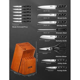 Homfa Knife Set, Upgraded Stainless Steel Kitchen Knife Set 15PCS for Anti-rusting, Super Sharp Carving Knife Set with Ergonomic Handle in Hardwood Block