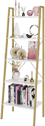 Homfa 5 Tier Gold Bookshelf, Modern Ladder Storage Shelf with Metal Frame for Office Living Room,White and Gold Finish