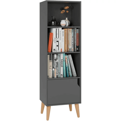 Homfa 4-Tier Bookshelf with Doors, Floor Display Bookshelf with Cabinet, Corner Storage Bookshelf for Home Office, Gray Finish