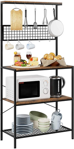 Homfa Kitchen Bakers Rack, 68 inch Industrial 3-Tier Microwave Storage Rack with Mesh Panel and 10 Hooks, Brown and Black