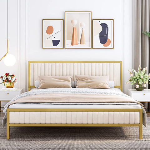 Homfa King Bed Frame with Headboard and Footboard, Gold Metal Platform with Sturdy Frame, Mattress Foundation, No Box Spring Needed, Easy Assembly, Gold and Ivory White