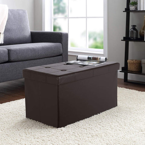30 Inches Folding Ottoman with Storage, Faux Leather Toy Chest Bench,Footrest Coffee Table for Living Room, Dark Brown