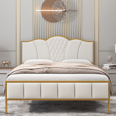 Homfa White Gold Queen Size Bed Frame, Modern Luxury Linen Upholstered Platform Bed Frame with Tufted Headboard, Noise Free