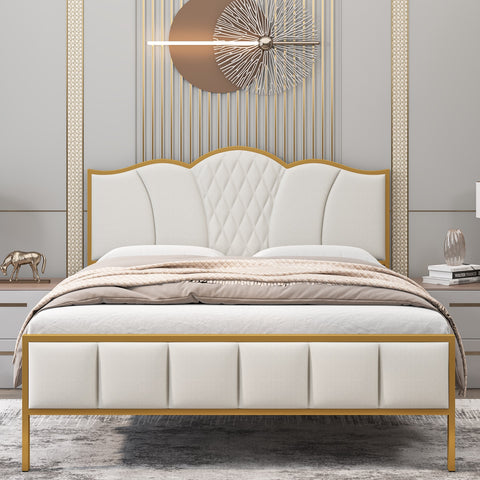 Homfa White Gold Full Size Bed Frame, Modern Luxury Linen Upholstered Platform Bed Frame with Tufted Headboard, Noise Free