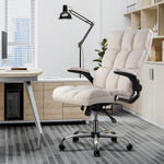 Homfa Velvet Office Chair with Adjustable Tilt Angle and Flip-up Arms, Executive Computer Desk Chair with Thick Padding and Ergonomic High Back, Comfortable, Beige
