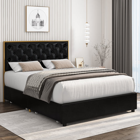 Homfa Queen Bed Frame with 4 Drawers Storage, PU Leather Platform Bed Frame with Button Tufted Headboard, Black
