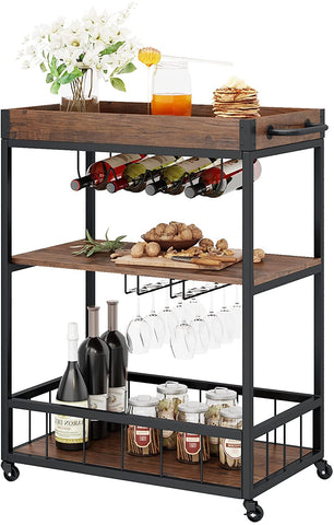 Homfa Bar Cart for Home, Rolling Industrial Wood Metal Wine Cart with Glass Holder Wine Bottle Rack, Utility Kitchen Serving Cart with Removable Top Tray, Brown