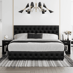 Homfa Faux Leather Storage Platform Bed Frame, King Black Bed Frame with 4 Drawers, Upholstered with Adjustable Headboard