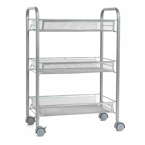 Homfa Kitchen Rolling Cart, 3 Tier Mesh Rack Storage Trolley with Lockable Wheels, Silver Finish