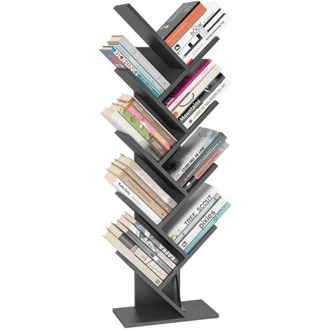 Homfa 9-Tier Tree Bookshelf, Modern Storage Shelf, Floor Bookcase CD Display Rack, Gray Finish