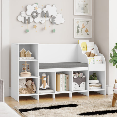 Homfa Kids Bookshelf with Seat Cushion, 7 Cube Toy Storage Organizer Kid Bookcase for Bedroom, White