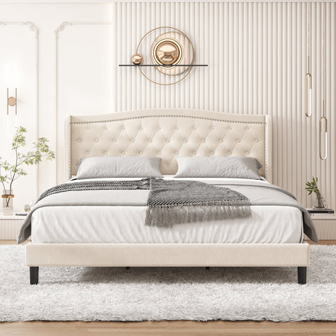 Homfa King Bed Frame, Modern Bed Frame with Wing-Back Button Tufted Upholstered Headboard, Wood Slat Support, Beige