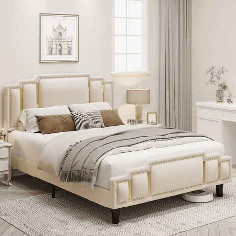 Homfa Queen Bed Frame, Luxury Velvet Upholstered Headboard with Golden Iron Sheet & Rivets, Platform Bed with Adjustable Headboard, White