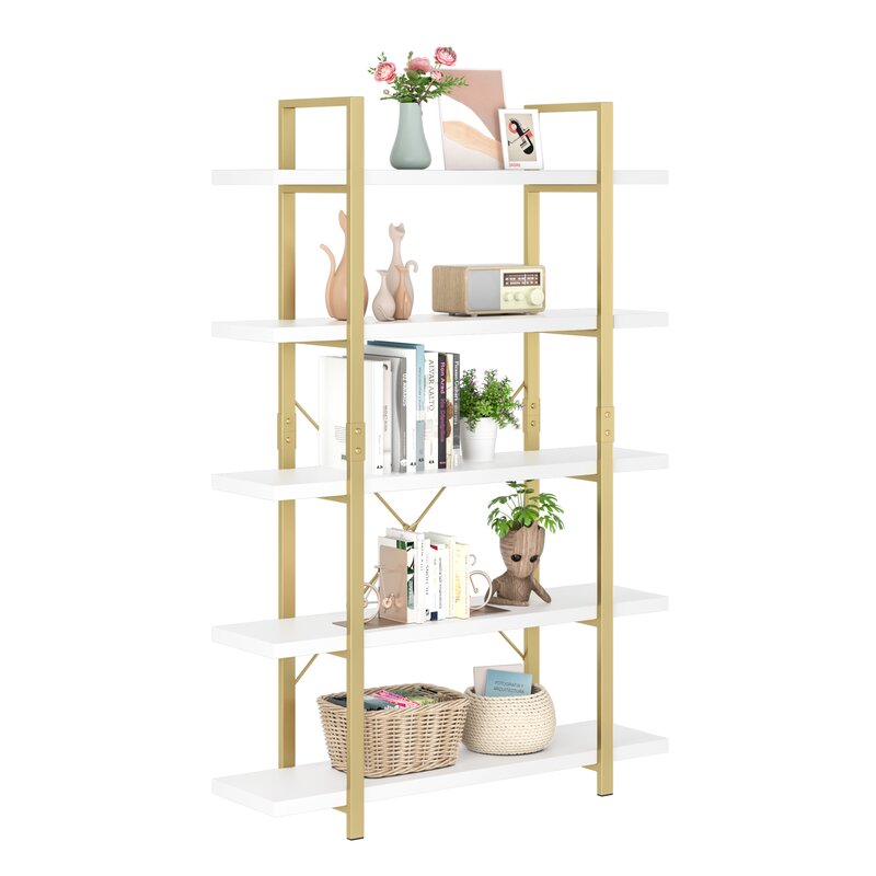 Homfa 5-Tier Gold and White Bookshelf, Triple Wide Open Display Shelf, Large  Storage Bookcase with Metal Frame 