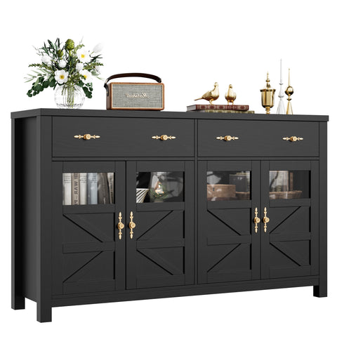 Homfa 2 Drawer Farmhouse Storage Cabinet with Glass Door, Wood Kitchen Sideboard Buffet with Adjustable Shelves, Black