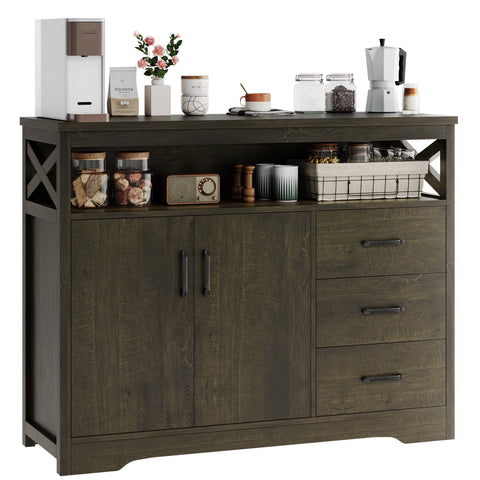 Homfa 3 Drawer Buffet Cabinet with 2 Doors, Kitchen Sideboard with Hutch, Dark Brown