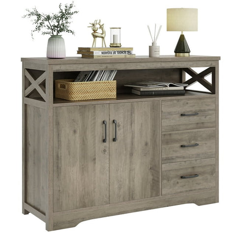 Homfa 3 Drawer Buffet Cabinet with 2 Doors, Kitchen Sideboard with Hutch, Gray