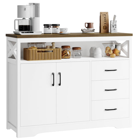 Homfa 3 Drawer Buffet Cabinet with 2 Doors, Kitchen Sideboard with Hutch, White
