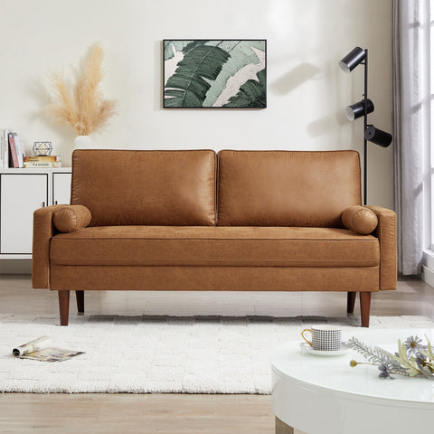 Homfa 3 Seat Sofa with 2 Pillow, Leathaire Upholstered Couch for Living Room Office, Camel