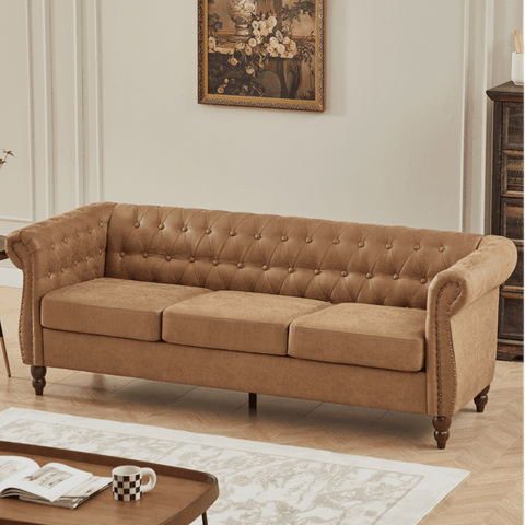 Homfa 3 Seater Leatheraire Sofa for Living Room, 84" Chesterfield Sofa Cushion Upholstered Button Tufted Back Couch with Nailhead Accent Scrolled Armrest, Camel