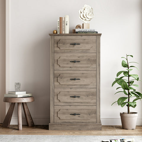 Homfa 5 Drawer Bedroom Dresser, 43''H Tall Vintage Wood Storage Cabinet Chest for Living Room, Wash Gray