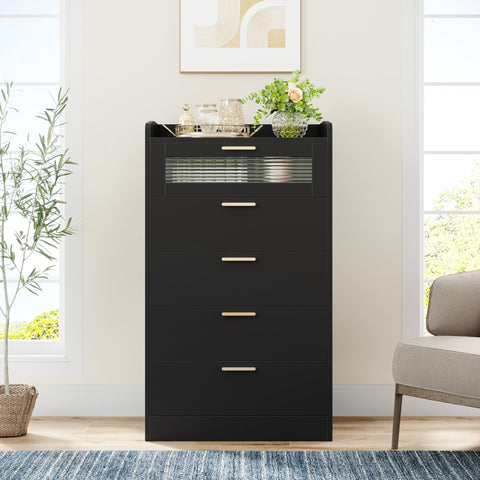 Homfa 5 Drawer Black Baffle Dresser for Bedroom, 45.1"H Modern Glass Panel Wood Storage Cabinet for Living Room