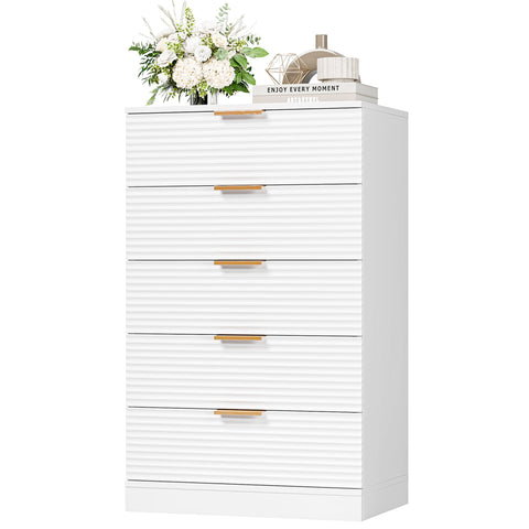 Homfa 5 Drawer Dresser for Bedroom, 38.7'' Modern White Dresser Storage Cabinet Wood Organizer for Living Room