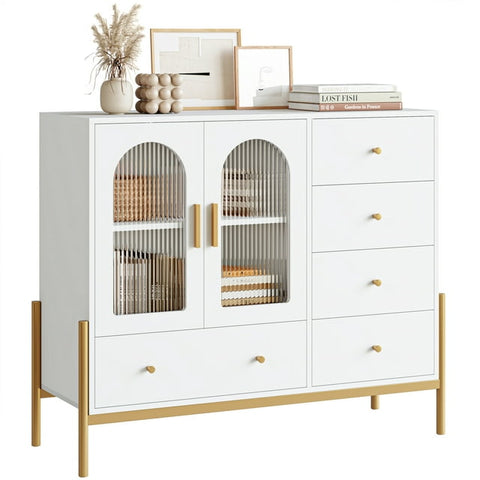 Homfa 5 Drawer Dresser for Bedroom, Modern Accent Storage Cabinet with Glass Door and Metal Base, White