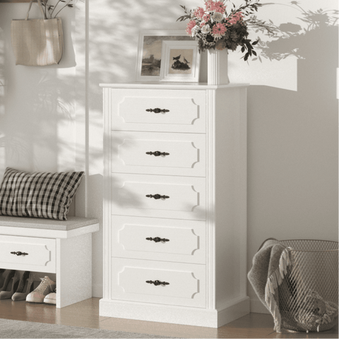 Homfa 5 Drawer White Dresser for Bedroom, 43''H Tall Vintage Wood Storage Cabinet Chest for Living Room