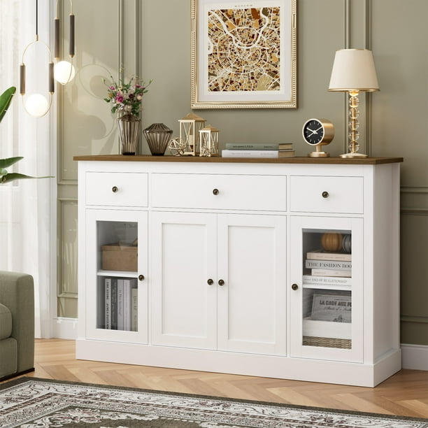 Homfa Sideboard Homfa 55.1'' W Kitchen Buffet Sideboard Cabinet, 3 Drawer Glass Door A ...